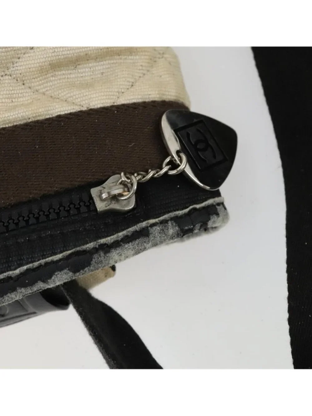 Authentic CHANEL Sports Line Shoulder Bag Canvas Beige Silver CC